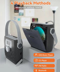 Portable CD Player With Bluetooth Boombox And Built In FM Radio for camping with handle, LED display, and CD slot in dark gray