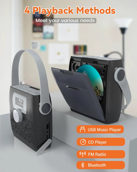Portable CD Player With Bluetooth Boombox And Built In FM Radio for camping with handle, LED display, and CD slot in dark gray