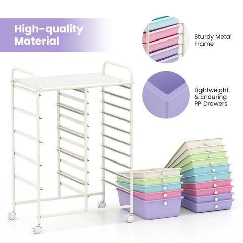 15 Drawer Rolling Storage Cart For Classroom And Office, Mobile Organizer Cart with steel frame and pastel ice cream drawers
