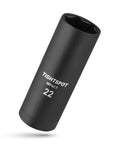 Three Eighths Inch Drive Deep Impact Socket With Radius Corner Design And Anti Rounding For Beefy Torque In Tight Spaces Made From Heat Treated Aerospace Grade Steel Metric Twenty Two Millimeter shown in black finish.