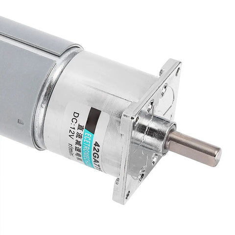 Solid 42GA775 DC Gear Motor 12V Low Speed Reversible CW CCW With All Metal Gears Overcurrent Protection for Automation And Robotics Builds close-up showing output shaft and metal gear casing.