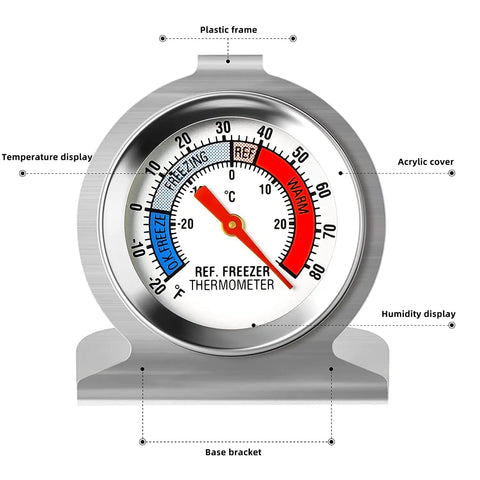 5 Pack Refrigerator Thermometers With 2 Inch Dial, Stainless Steel, Mechanical No Battery Readout, Hanging Or Standing Mount, Perfect For Fridge And Cooler, -20 To 80 F And -30 To 30 C With Red Indicator, Quick Clear Temperature Check; stainless steel dial with base bracket