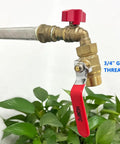 Heavy Duty Brass Garden Hose Shut Off Valve, 3/4 Inch GHT Thread, installed on pipe, red long handle, full port for fast water flow.