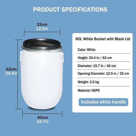 60L White HDPE Water Storage Barrel With Latch Ring Lid, Food Grade Plastic Bulk Storage Drum, impact resistant, leak proof