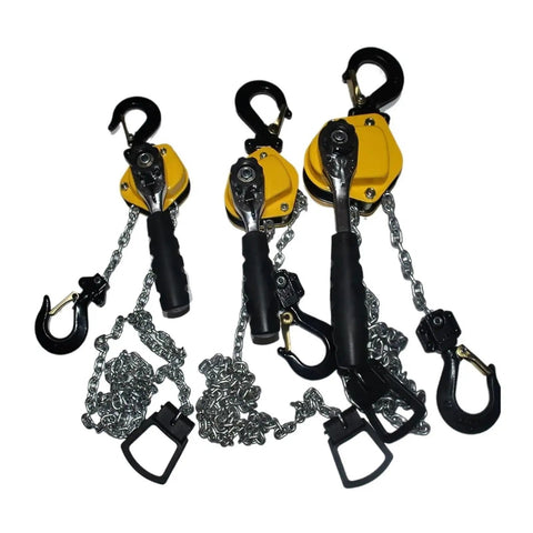Heavy Duty 0.25 Ton Hand Chain Hoist Hook Mount With 3 Meter Portable Manual Lever Block For Lifting Heavy Loads No Sweat Required, showing three hoists with hooks and chains.