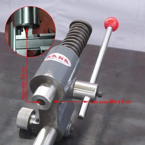 Arbor Press 2-Ton Beefy Manual Press close-up showing 16mm main hole and M6 x 8mm lock screw, for metal forming.