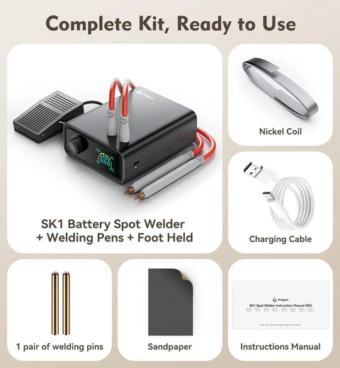 Heavy Duty 11000W Battery Spot Welder Featuring Smooth Rotary Dial And Hundred Custom Settings For Killer Precision On Delicate Nickel Strips includes foot pedal, welding pens, and charging cable.