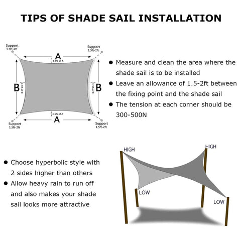 Installation diagram for Curved Sun Shade Sail 20x26 Grey Outdoor Canopy with hyperbolic design and corner tension tips.