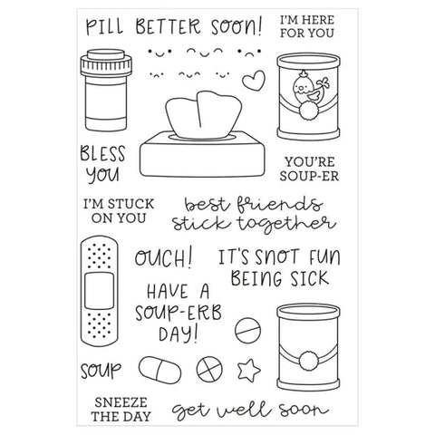 Clear Stamp And Die Set For Card Making And Scrapbooking With Carbon Steel Dies And TPR Stamp Material, featuring get well soon messages and illustrations.