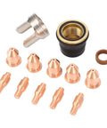 Ultimate 13PC Plasma Cutting Consumables Kit With Tough Nozzles For Harbor Freight 45A Welder components including nozzles and cap.