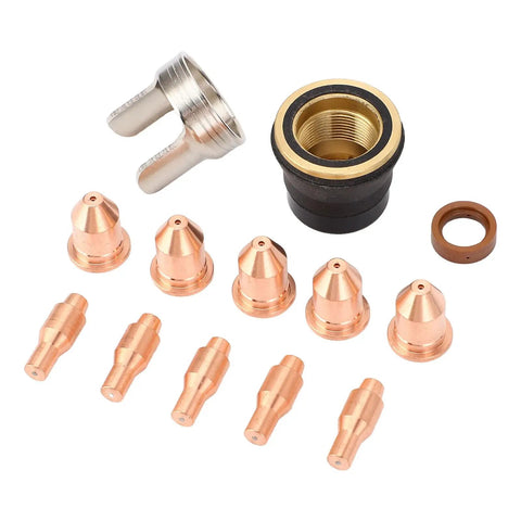Ultimate 13PC Plasma Cutting Consumables Kit With Tough Nozzles For Harbor Freight 45A Welder components including nozzles and cap.