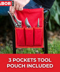 Red tool bag pouch attached to the All In One Garden Kneeler And Seat Bench With Tool Bag Pouch And Foam Pad Cushion Lightweight Foldable Workseat