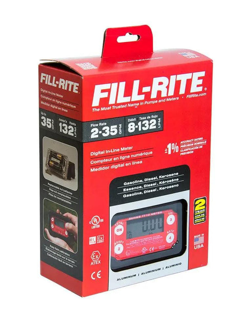 Packaging of One Inch In Line Digital Turbine Fuel Meter For Transfer 2 To 35 GPM 8 To 132 LPM Aluminum Body Black Red Display