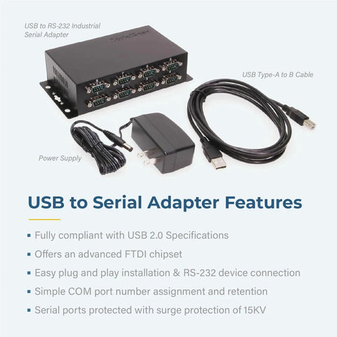 Heavy Duty 8 Port USB To RS232 Serial Adapter With FTDI Chip For Up To 921.6Kbps includes power supply and cables.
