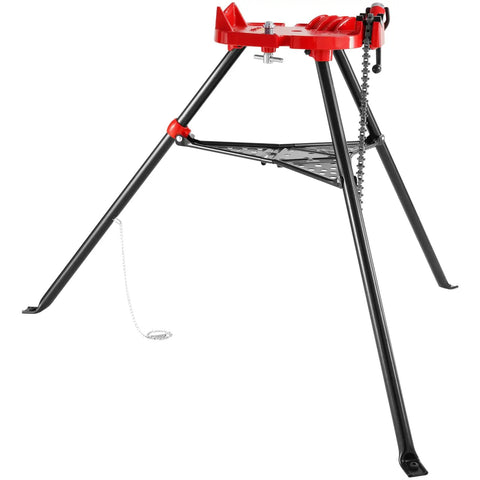 Tripod Pipe Stand With Chain Vise, Portable One Eighth To Six Inch Capacity, Foldable Steel Legs, Tool Tray shown in folded position