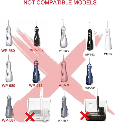 Image showing water flosser models not compatible with 3V Water Flosser Charger Replacement For WP360 WP450 WP462.