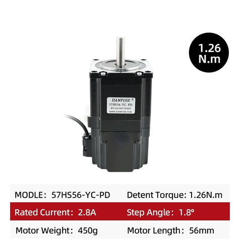 Front view of a 57HS56-YC-PD NEMA23 stepper motor with 56mm length and 1.26 N.m torque