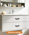 Bathroom cabinet with 10 Pack Matte Black Cabinet Pulls With 3 Inch Hole Center 76mm Zinc Alloy Drawer Handles installed.
