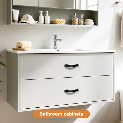 Bathroom cabinet with 10 Pack Matte Black Cabinet Pulls With 3 Inch Hole Center 76mm Zinc Alloy Drawer Handles installed.