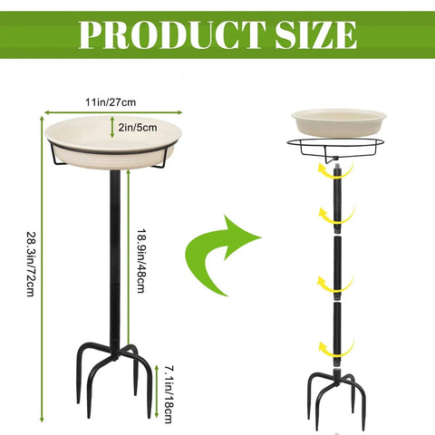 Heavy Duty Outdoor Bird Bath With Detachable Bowl And Feeder, 35.5 Inch Tall Stand, Metal Stake Base, 4 Spiked Feet, Easy Assembly