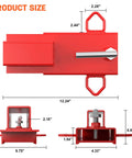 Heavy Duty Universal 2 Inch Forklift Trailer Hitch Adapter With Dead Simple Clamp On Grip dimensions and top view, red steel material.