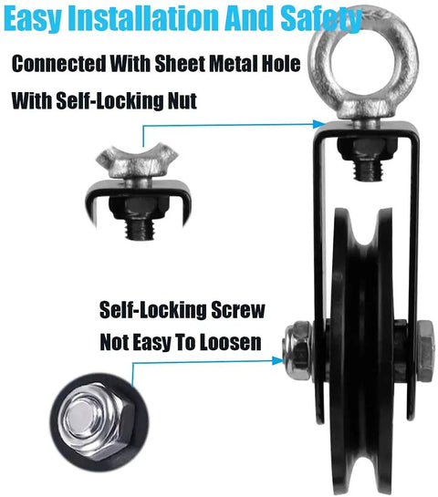 Heavy Duty Gym Pulley Wheels For Lat Machines 360 Degree Rotating Cable Block With Secure Carabiner Hook 350 Pound Capacity Smooth Swivel Operation Rugged Build Made For The Daily Grind And Garage Rig Mods Pair Included