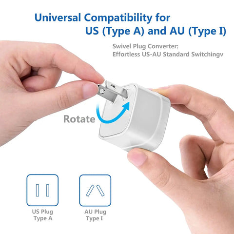 Hands adjusting US AU plug adapter for Voltage Converter 220V To 110V Travel Step Down With 4 USB Charging Ports And Universal Adapters