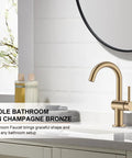 Champagne Bronze Single Handle Bathroom Faucet One Hole Vanity Sink with modern design and elegant shape on a white countertop.