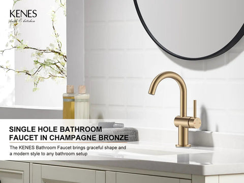 Champagne Bronze Single Handle Bathroom Faucet One Hole Vanity Sink with modern design and elegant shape on a white countertop.