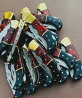 Handmade Folding Knife Set With Wood Handles, Collectible Wholesale Lot Of 20 for Hunting shown from top angle