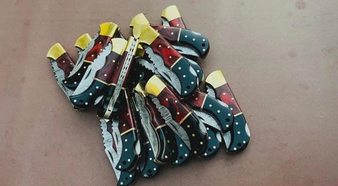 Handmade Folding Knife Set With Wood Handles, Collectible Wholesale Lot Of 20 for Hunting shown from top angle