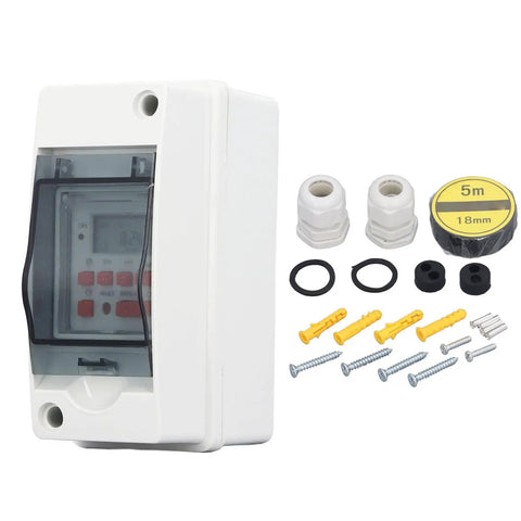 Heavy Duty Programmable Timer Switch For Pool Pump And Heater Brings Crisp LCD Display With Rock Solid Battery Backup, showing white housing and accessories.
