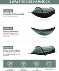 Diagram showing 3-in-1 Camping Hammock Tent With Mosquito Net and Sunshade, ultralight, extra large, hang or ground tent, includes tree straps