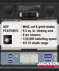 ADF features of ultra lightweight auto darkening welding hood with premium graphic design weighing 1.24 lbs ANSI Z87.1 approved.