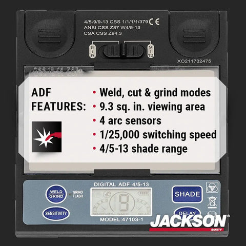 ADF features of ultra lightweight auto darkening welding hood with premium graphic design weighing 1.24 lbs ANSI Z87.1 approved.