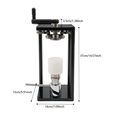 Top Shelf Manual Jar Sealer For 55Mm Soda Pots With Heavy Steel Build and Smooth Rotary Winder, hand crank design, dimensions shown.