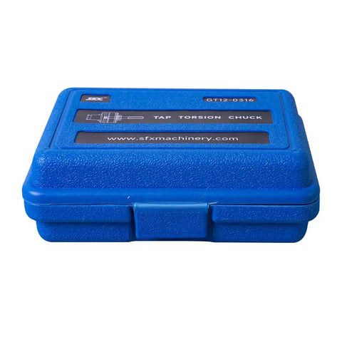 Premium 9 Piece GT12 ANSI Tap Torque Collet Set Fits M16R Electric Tapping Machine in blue protective case.