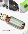 Close-up of heavy duty electric belt sander and tube polisher motor components, showcasing total copper wiring for optimal performance.