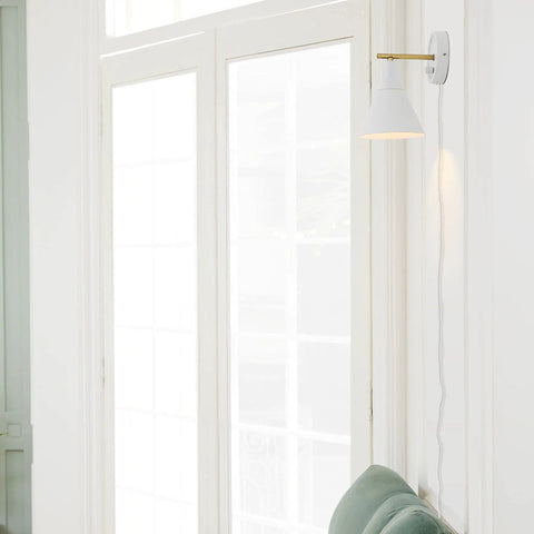 Dope Lofty Chic Modern Matte White Wall Sconce With Brass Accent 1 Light Plug-In Or Hardwire Stepless Dimming Rotary Switch Fabric Cord