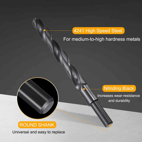 14mm Drill Bit With 10mm Reduced Shank Heavy Duty HSS 4241, Black Oxide Nitriding Finish, side view with labels