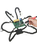 Pro Grade Flexible Third Hand Soldering Station with five arms holding a circuit board, used for PCB work and electronics repair.