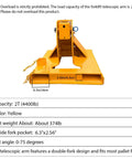 Heavy Duty Forklift Jib Boom Crane Attachment With Two Ton Lifting Power and Dual Hook Hoist System, side view with measurements.