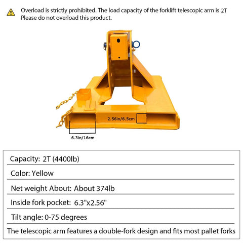 Heavy Duty Forklift Jib Boom Crane Attachment With Two Ton Lifting Power and Dual Hook Hoist System, side view with measurements.