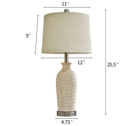 Two USB Touch Dimmable Ceramic Table Lamps Set Of 2 For Living Room Or Bedroom, side view with measurements displayed.