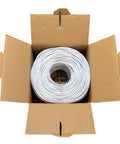 Cat6 Ethernet Cable 1000ft Bulk White, High Speed 550MHz UTP Cable, 23AWG CCA in pull box pack, top view of cable spool.