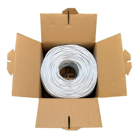 Cat6 Ethernet Cable 1000ft Bulk White, High Speed 550MHz UTP Cable, 23AWG CCA in pull box pack, top view of cable spool.