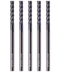Front view: five AlTiN-coated solid carbide long end mills, 1/8 dia, 1/8 shank, 4-flute, 30° helix.