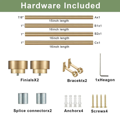 Adjustable 16 To 56 Inch Curtain Rod Set With 1 Inch Diameter Telescoping Splicing Structure Beefy Heavy Duty Pole In Warm Gold Finish Supports Up To 30 Lbs Durable Aluminum Brackets Modern Window Treatment Rod, hardware included with rods, brackets, finials, and screws.