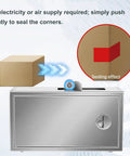 Heavy Duty Stainless Steel Desktop Carton Sealer With Smooth Adhesion Wheels No Power Needed Manual Tape Cutter For 2.5cm Wide Packing Straps sealing a corner of a cardboard box.
