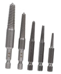 Five durable steel tools in a Bolt Extractor Set 5 Pieces Tap Extractors For Steel Damaged Screws And Stripped Fasteners Remover Tool Kit